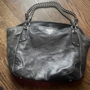 Crackled black leather Prada tote w/chain handle
